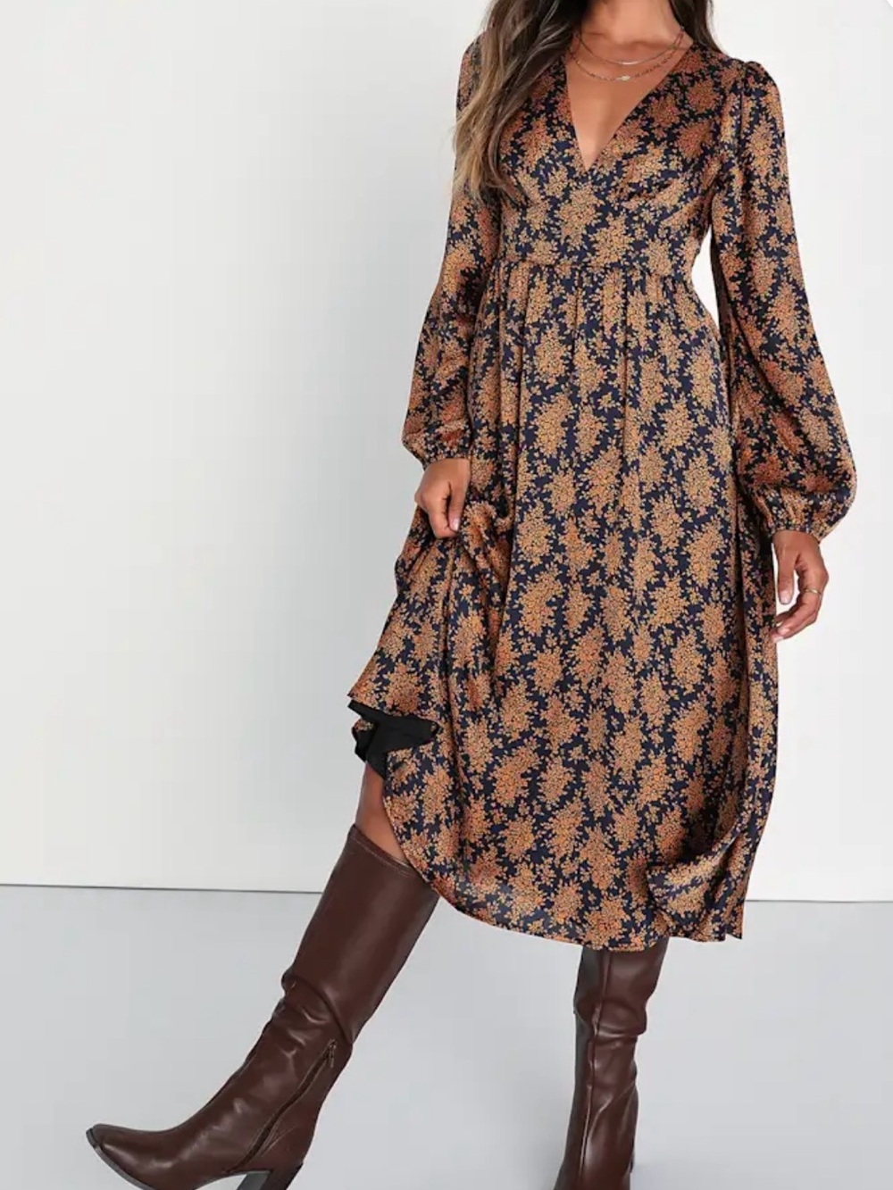 Graceful Impression Black and Orange Floral Print Midi Dress Size M